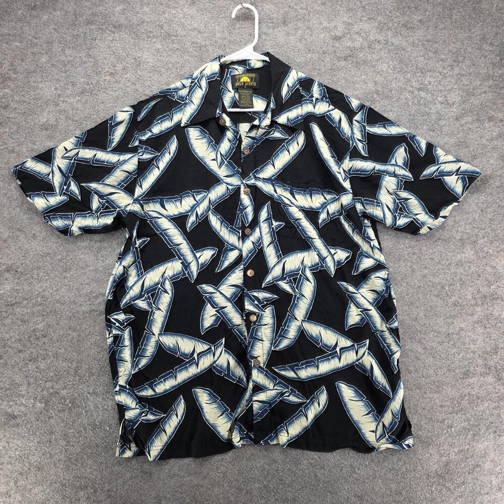 Palm Avenue Shirt Mens Large Black Blue Palm Leaf Print Hawaiian Rayon Aloha